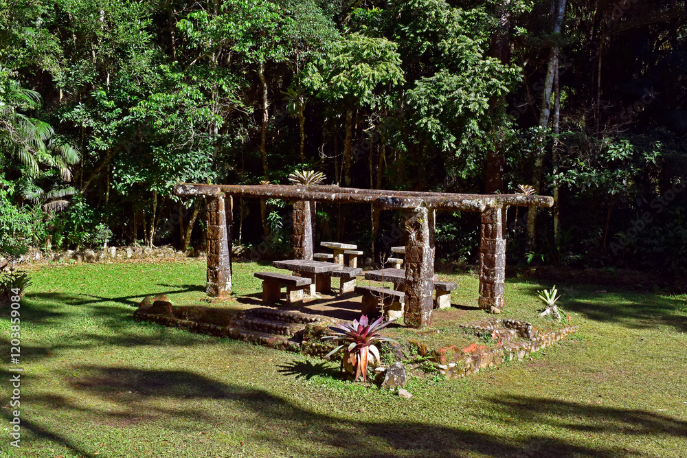 Empty tables and benches on public park in Teresopolis, Rio de Janeiro, Brazil