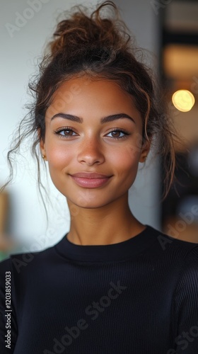 Smiling woman with natural beauty poses in a stylish indoor setting with soft...