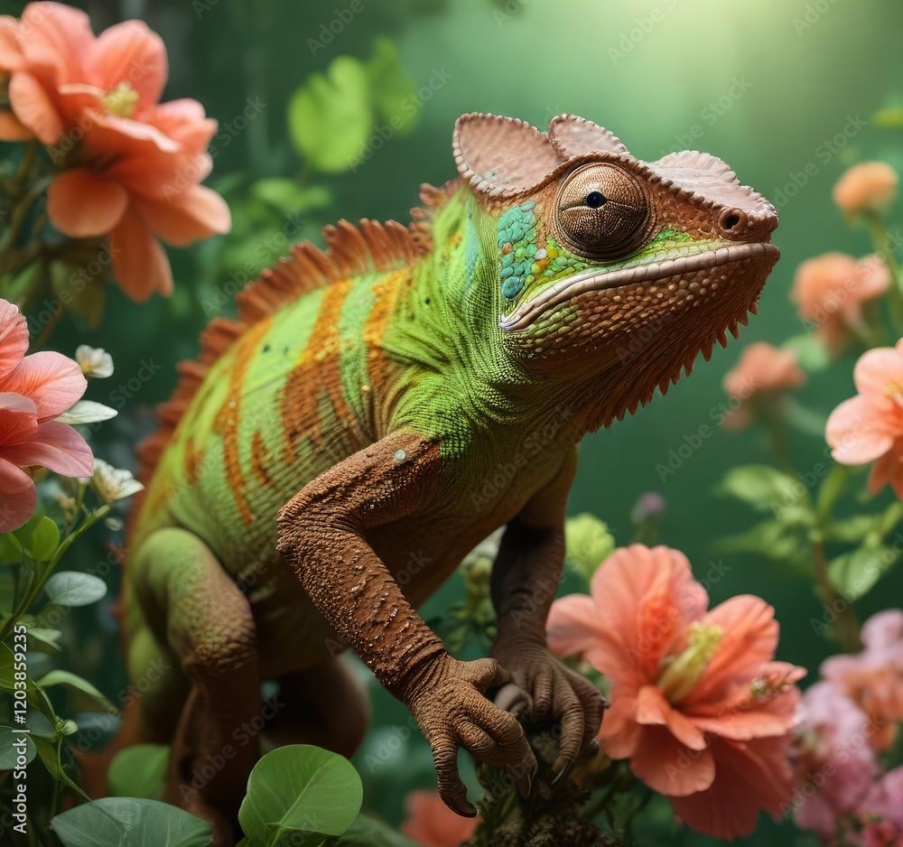 Obraz premium Brown and green chameleon blending in with flowers , wildlife, bloom, foliage