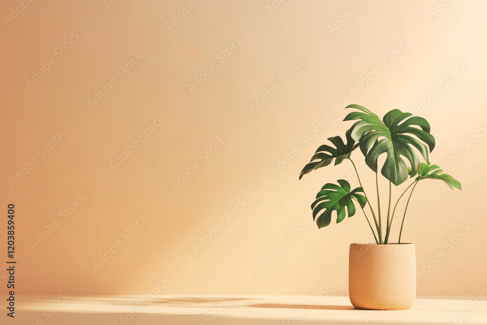 custom made wallpaper toronto digitalGreen plant monstera, tropical palm tree in pot on beige wall background. Design template for advertising, interior display, summer and spring wallpaper with space for text