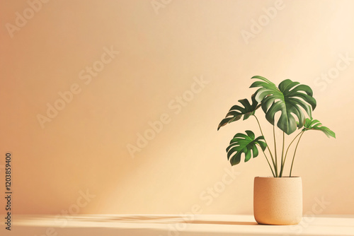 Wallpaper Mural Green plant monstera, tropical palm tree in pot on beige wall background. Design template for advertising, interior display, summer and spring wallpaper with space for text Torontodigital.ca