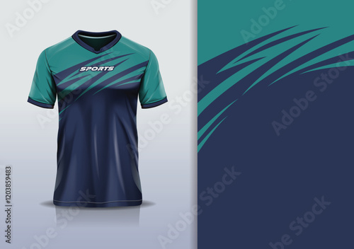 T-shirt mockup abstract curve line sport jersey design for football, soccer, racing, esports, running, in  green blue navy color