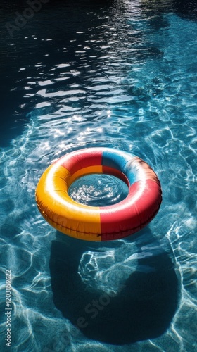 Bright inflatable ring floating in clear blue pool water on a sunny day
