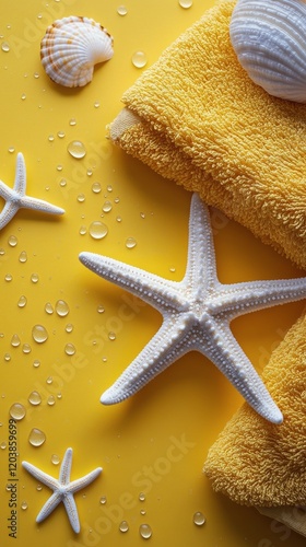 Starfish resting on bright yellow towel with bubbles in background during a s...