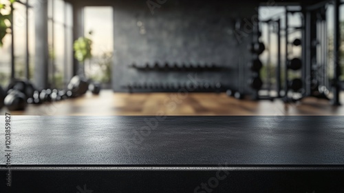 Wallpaper Mural Black countertop sleek gym interior background perfect for displaying sports nutrition products Empty tabletop in modern fitness room with weights and equipment for product presentation Torontodigital.ca