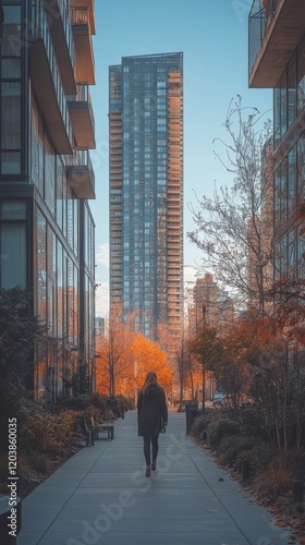 Tall skyscrapers surround a woman walking confidently in an urban setting on ...