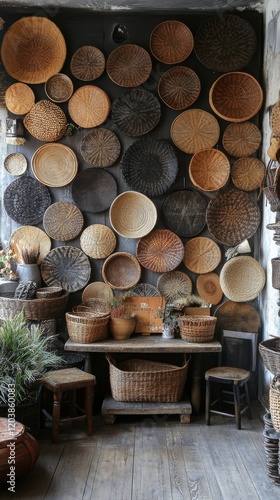 Beautifully arranged woven baskets on display in a cozy interior setting