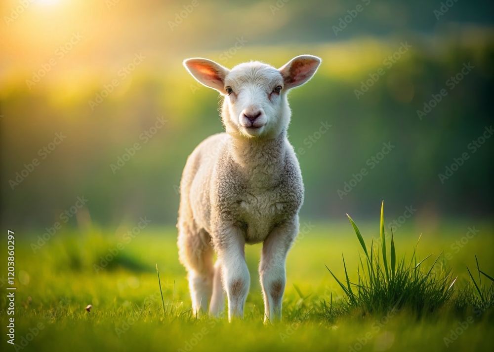Minimalist Lamb in Green Pasture: Serene Springtime Farm Animal Stock Photo Minimalist Lamb in Green Pasture: Serene Springtime Farm Animal Stock Photo