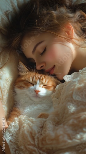 Woman cuddling with a cat while resting in a cozy indoor setting during the e...