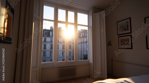 Parisian Sunrise: Sunlight streams through a large window, illuminating a Parisian cityscape. The warm glow casts a serene ambiance on the bedroom interior. photo