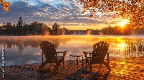 A pair of Adirondack chairs on a wooden deck overlooking a tranquil lake at sunrise, with mist rising from the water.