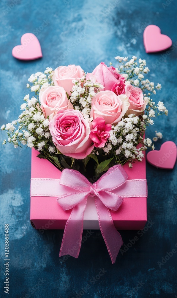 A charming pink box brimming with a lush bouquet of vibrant roses, exuding love and romance, perfect for expressing heartfelt sentiments on Valentine's Day. A charming pink box brimming with a lush bouquet of vibrant roses, exuding love and romance, perfect for expressing heartfelt sentiments on Valentine's Day.