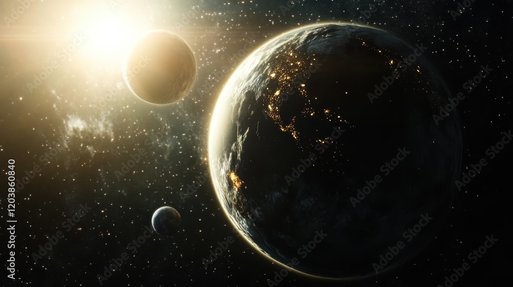 Fototapeta premium Planetary System Illuminated By A Bright Star And Two Moons