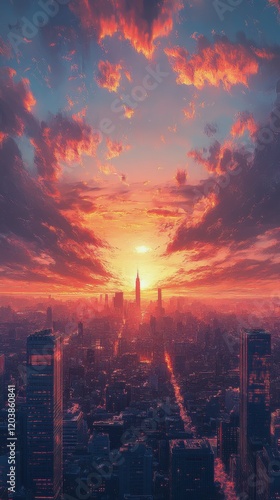 Vibrant sunset casts warm hues over a bustling city skyline during evening hours