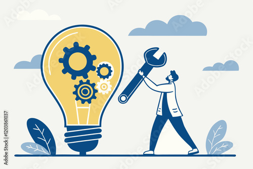 business idea, lightbulb with gear inside, businessman holding wrench, problem-solving concept, innovation, creativity, blue and yellow color scheme, minimalist illustration, flat design, cl