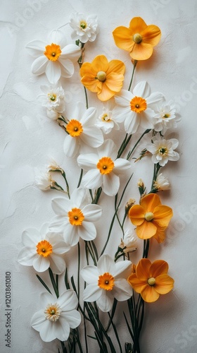 Bright yellow and white flowers arranged beautifully on a pastel surface in n...