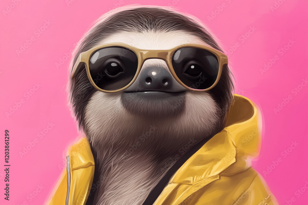 Fototapeta premium A quirky illustration of a sloth looking cool, sporting sunglasses and a yellow jacket, set against a pink background.