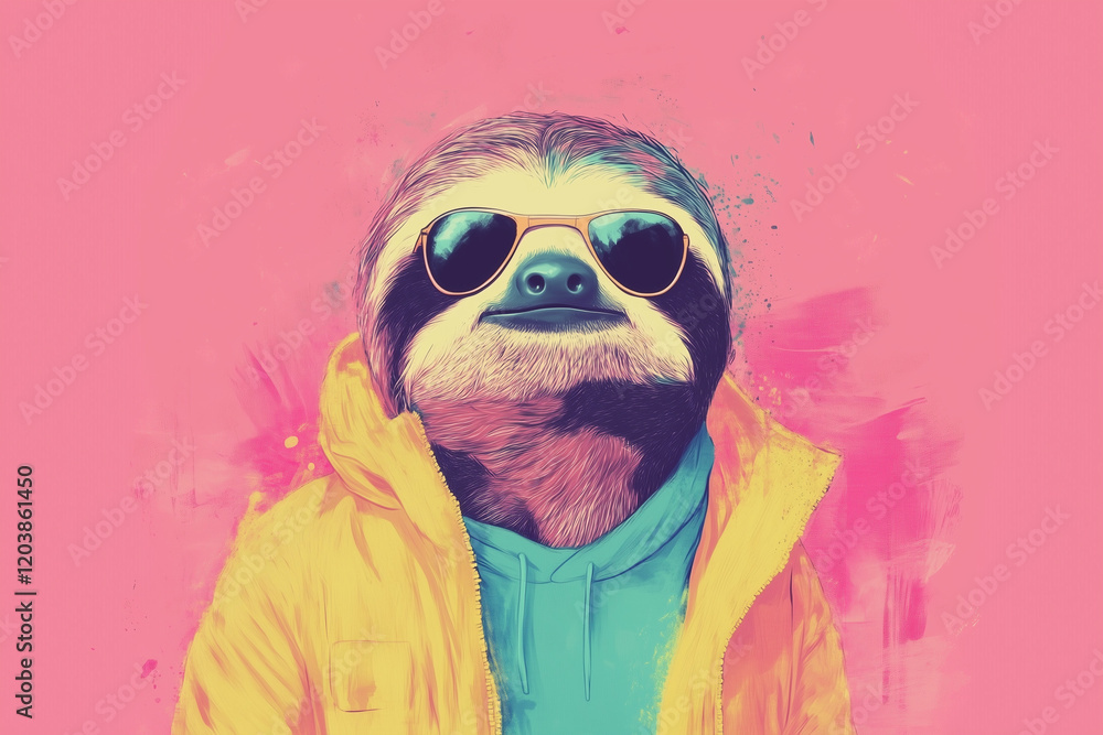 Fototapeta premium A quirky illustration of a sloth looking cool, sporting sunglasses and a yellow jacket, set against a pink background.