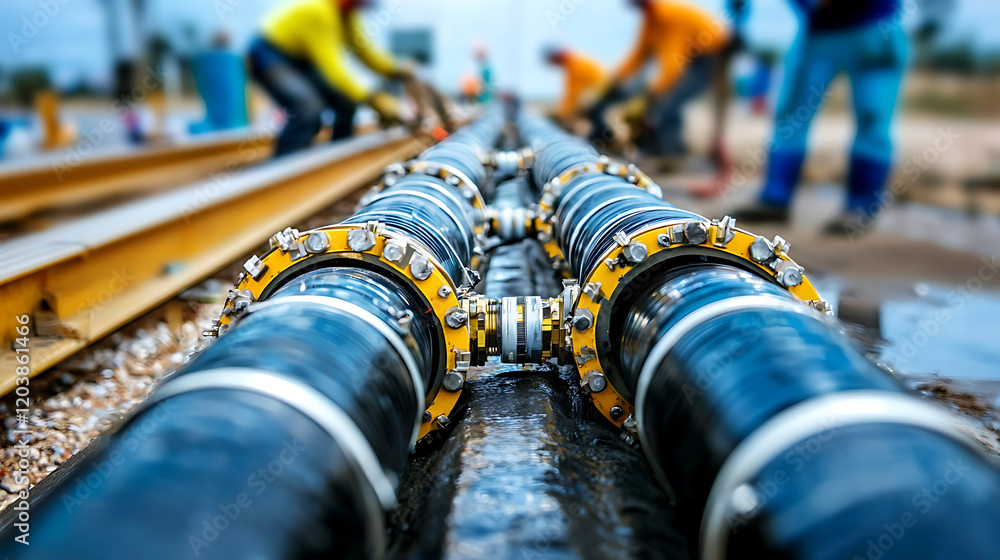 Workers installing large pipes for construction project, showcasing teamwork and engineering Workers installing large pipes for construction project, showcasing teamwork and engineering