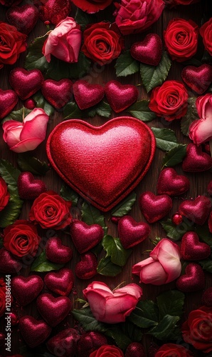 A romantic heart-shaped box nestled among vibrant red roses, symbolizing love and affection, perfect for expressing heartfelt emotions on Valentine's Day.