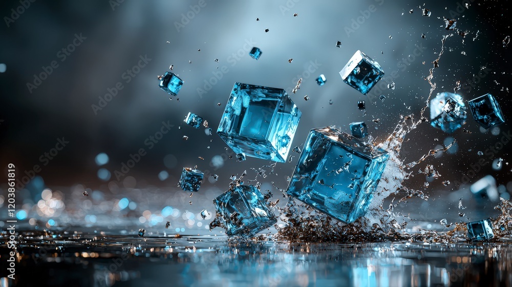Abstract cubes breaking apart dynamic splash digital art studio setting close-up view visual concept Abstract cubes breaking apart dynamic splash digital art studio setting close-up view visual concept