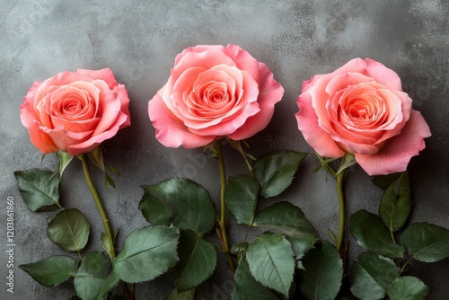 Beautiful pink roses arranged elegantly on a gray surface in a linear formation