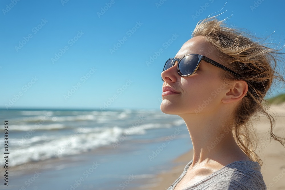 Relaxing by the ocean, a woman enjoys the sunny beach atmosphere with sunglasses near the water Relaxing by the ocean, a woman enjoys the sunny beach atmosphere with sunglasses near the water