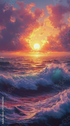 Sunset over ocean waves with vibrant colors and dramatic sky near rocky coast...