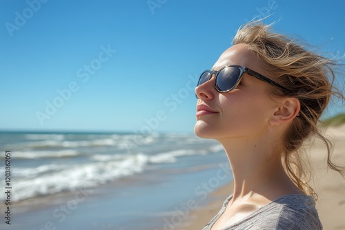 Relaxing by the ocean, a woman enjoys the sunny beach atmosphere with sunglas...