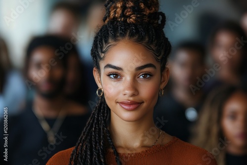 Portrait of a young woman with braided hair in a crowd during a lively gather...