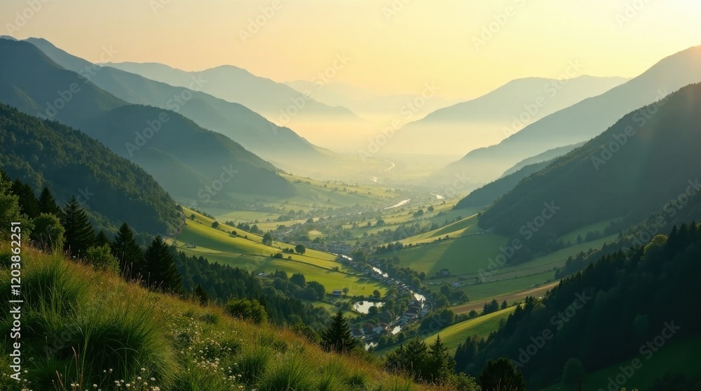 Serene Valley Vista Sunlit Hills, Verdant Meadows, and a Winding River at Dawn Serene Valley Vista Sunlit Hills, Verdant Meadows, and a Winding River at Dawn
