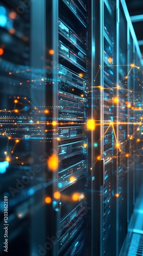 92. A glowing digital world with interconnected servers sending fast data across seamless pathways