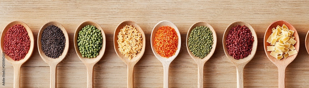 A vibrant display of spices in wooden spoons on a wooden table. A vibrant display of spices in wooden spoons on a wooden table.