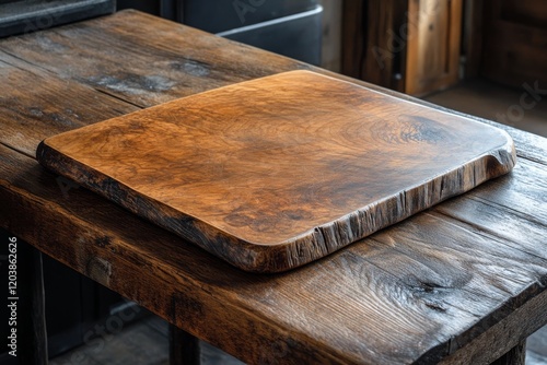 Simple wooden cutting board on rustic table illuminated by natural light