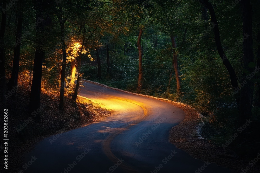 Fototapeta premium Serene Winding Road Illuminated by Glowing Lights