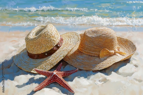 Two straw hats and a starfish resting on sandy beach shore with gentle ocean ...