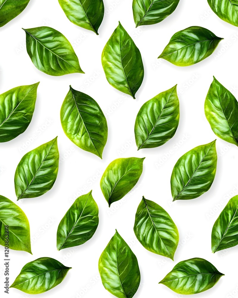 A pattern of green leaves on a white background, ideal for design and decoration. A pattern of green leaves on a white background, ideal for design and decoration.