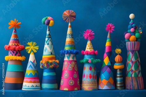 Colorful party hats displayed against a vibrant blue background for festive c...