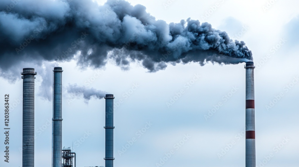 Industrial Smoke Stacks Emitting Pollution Against Overcast Sky Environment Concerns Industrial Smoke Stacks Emitting Pollution Against Overcast Sky Environment Concerns