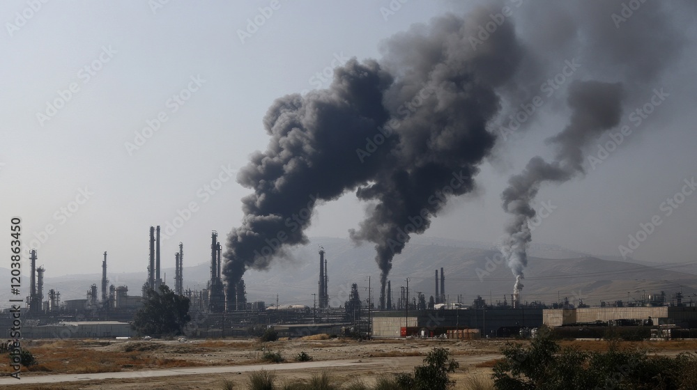 Industrial Complex Pumping out Dark Smoke Plumes, polluting the sky and the environment Industrial Complex Pumping out Dark Smoke Plumes, polluting the sky and the environment