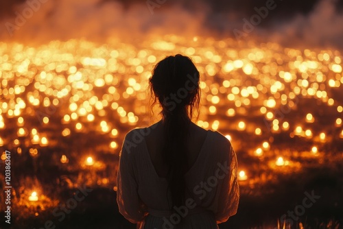 Woman gazes at a field of glowing lights during a magical evening event near ...