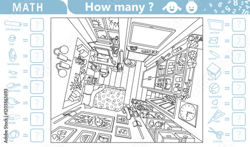 Find and count hidden objects in the picture. Teen room from above. Cozy children room interior with furniture and home objects. Counting math game for kids. Sketch vector illustration.