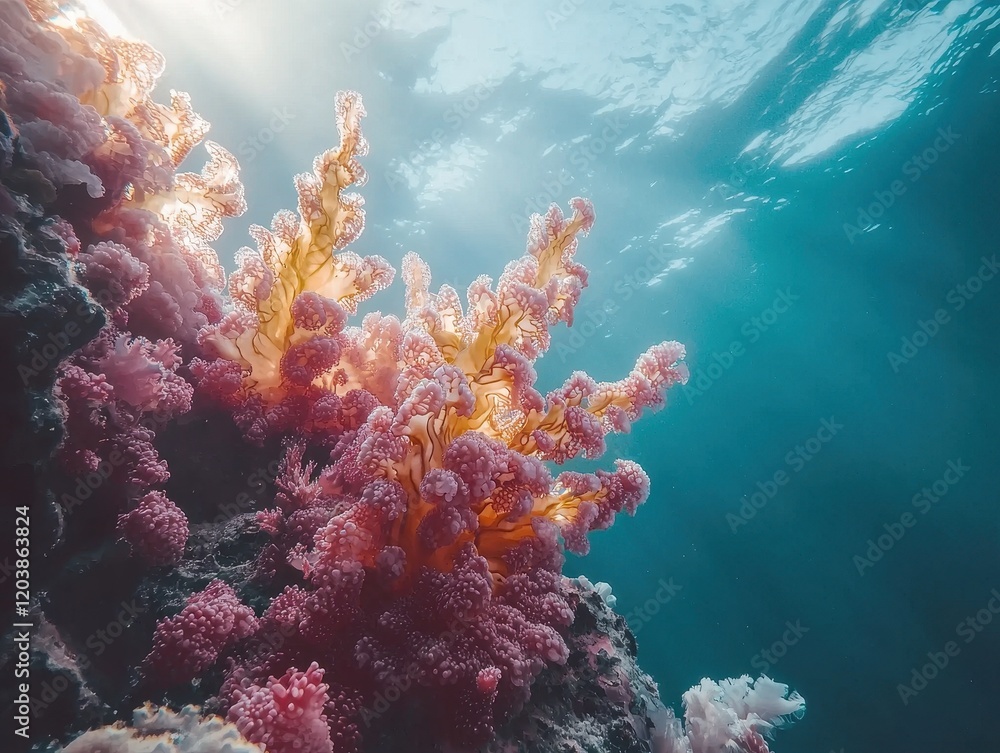 Fototapeta premium A serene underwater fantasy world where radiant coral reefs glow softly in hues of pink and turquoise. Ethereal sea creatures glide gracefully through the water, leaving shimmering trails of 