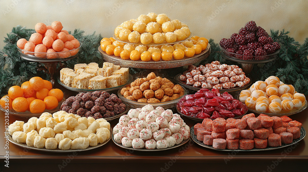 A Variety of Colorful Sweets and Fruits Displayed on a Wooden Table with Festive Greenery A Variety of Colorful Sweets and Fruits Displayed on a Wooden Table with Festive Greenery