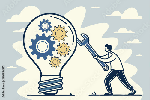 business idea, lightbulb with gear inside, businessman holding wrench, problem-solving concept, innovation, creativity, blue and yellow color scheme, minimalist illustration, flat design, cl