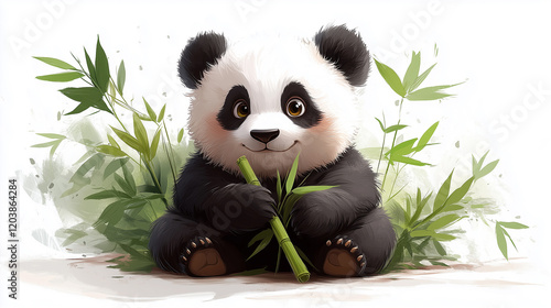 Cute panda bear sits and holds bamboo in his hands, a simple vector graphic clipart on a white background, without text