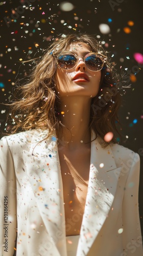 Model in elegant white suit surrounded by colorful confetti celebrating a joy...