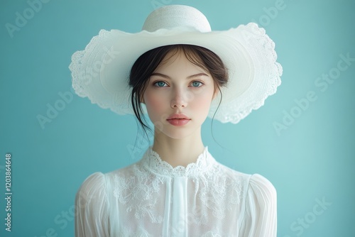 Elegant woman wearing a wide-brimmed hat in soft sunlight with shadows accent...