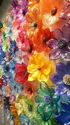 Colorful paper flowers arranged in vibrant patterns for decoration