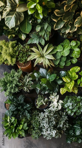 Lush variety of green plants on display at a garden center in the afternoon s...